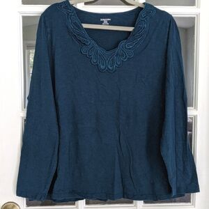 Women's 2X Dark Teal Lace Detail 100% Cotton Top T-shirt